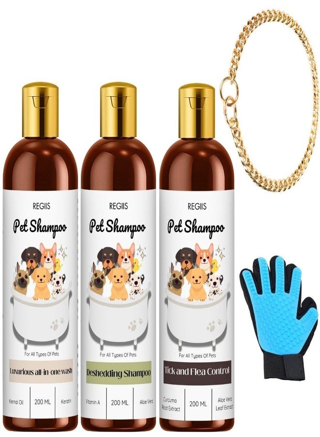 مجموعة ريجيس للعناية بالحيوانات الأليفة، 3 أنواع من شامبو الكلاب سعة 200 مل لكل منها مع قفاز للتنظيف، غسول شامل، إزالة الشعر الزائد، مكافحة القراد والبراغيث (عبوة من 5 قطع) - Image 1